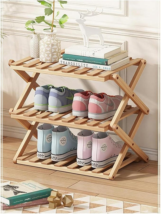 3-Tier Bamboo Shoe Rack, Foldable Shoe Storage Organizer for Closet, Bedroom, Entryway & Living Room - Portable No-Assembly Design, Space-Saving for Shoes & Accessories(3 Tier) (Wood)