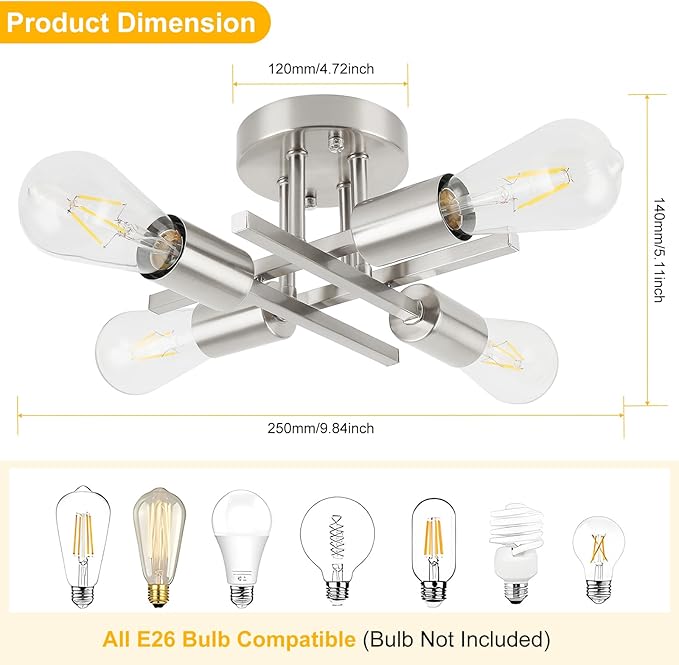 WILON Semi Flush Mount Ceiling Light Fixture, Modern Flush Mount Ceiling Lights, 4-Light Brushed Nickel Sputnik Ceiling Light Fixture with E26 Bulb Base for Hallway Farmhouse Kitchen Bedroom