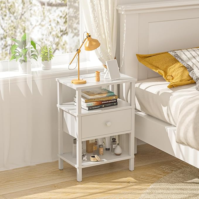 Lerliuo Nightstand with Charging Station and USB Ports, 3-Tier Storage End Table with Drawer Shelf, Night Stand for Small Spaces, Wood Bedside Table for Living Room, Bedroom - Elegant White