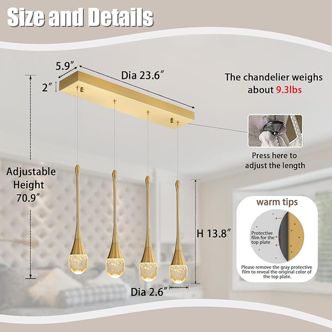 Dining Room Light Fixture 4-Light Gold Kitchen Island Lighting Industrial Linear Crystal Chandeliers for Dining Room Pendant Light Fixture for Living Room Hallway Bedroom