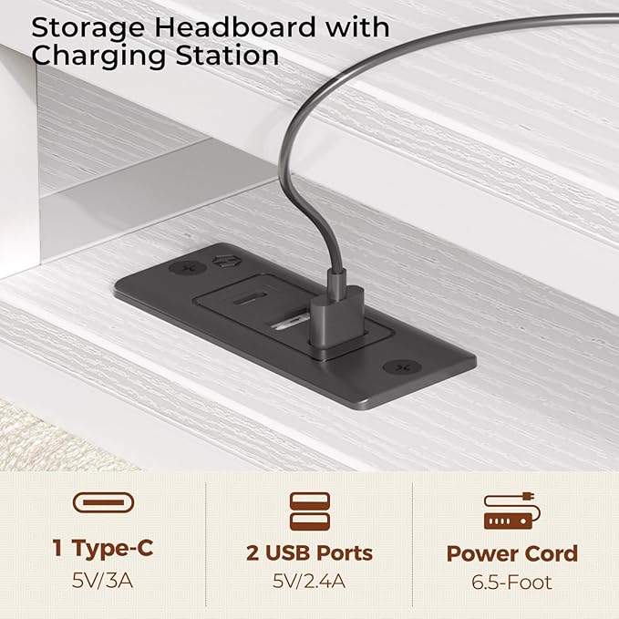 Seventable Bed Frame King Size with Charging Station, LED Bed with Upholstered Storage Headboard, Metal Platform Bed with Under Bed Storage, No Box Spring Needed, Noise Free, Easy Assembly, White