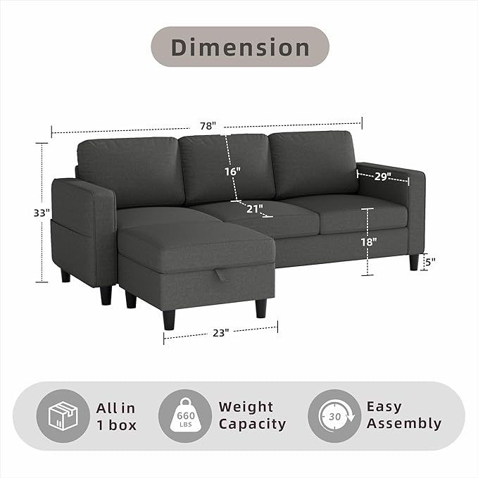 Sectional Sofa Couches for Living Room, Dark Grey 3 Seat L-Shaped Couch with Storage Ottoman, Comfy Linen Convertible Sectionals Sofas with Chaise for Apartment, Office, Small Space