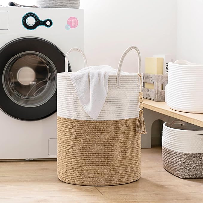Goodpick Woven Laundry Basket Decorative Blanket Basket for Living Room, Tall Storage Basket for Clothes, Toys, Towels, Wicker Laundry Hamper 16 x 20 Inches, White and Jute