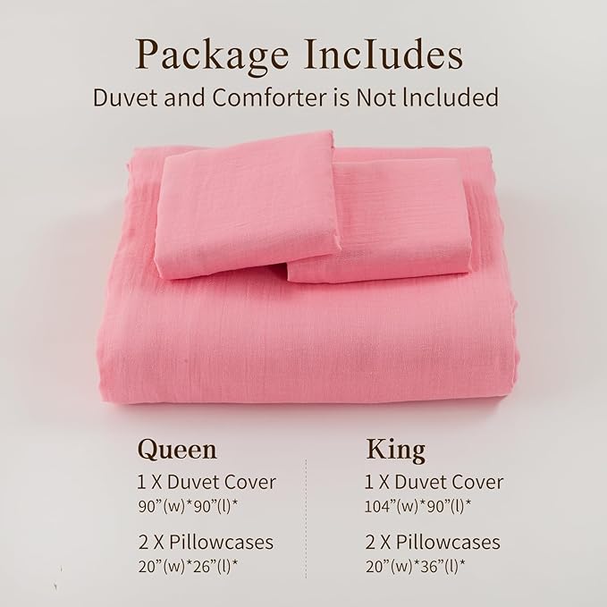 MEISHANG Muslin Duvet Cover Queen Size - 100% Organic Cotton, Soft Textured Gauze Weave Comforter Cover for Breathable All-Season with Zipper Closure - 3 Piece Set (Queen, Pink)