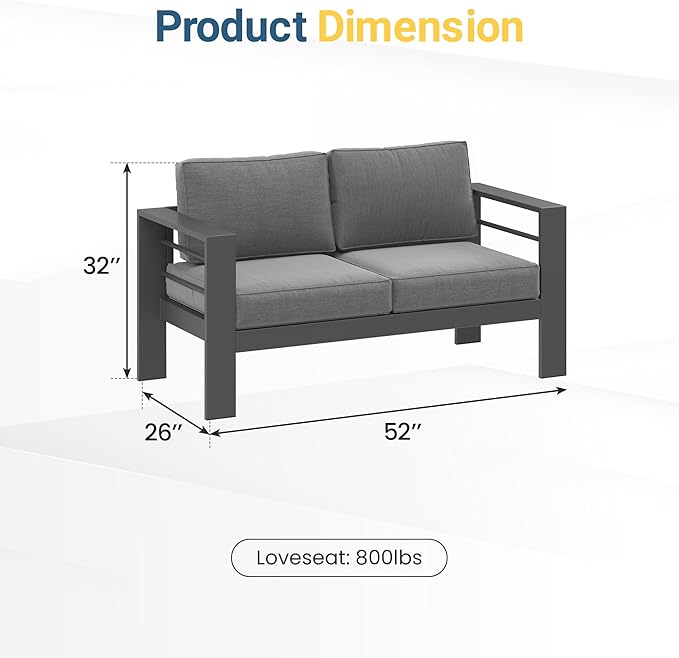Wisteria Lane Patio Furniture Metal Loveseat, Metal Outdoor Chairs with Upgraded Cushions, All-Weather Outdoor 2 Seats Sofa Couch for Balcony, Garden, Deck, Backyard, Grey