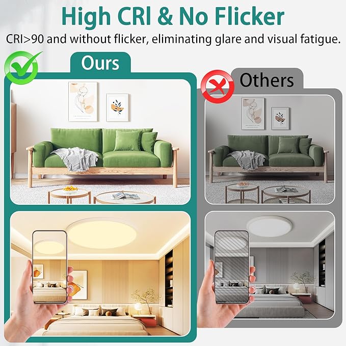 24 Inch Dimmable LED Ceiling Light Fixture, Ultra Thin Flush Mount, 48W 4800Lumen, 3 Color Changeable, Round, White, for Dining Room, Living Room, Bedroom, Office, Hotel