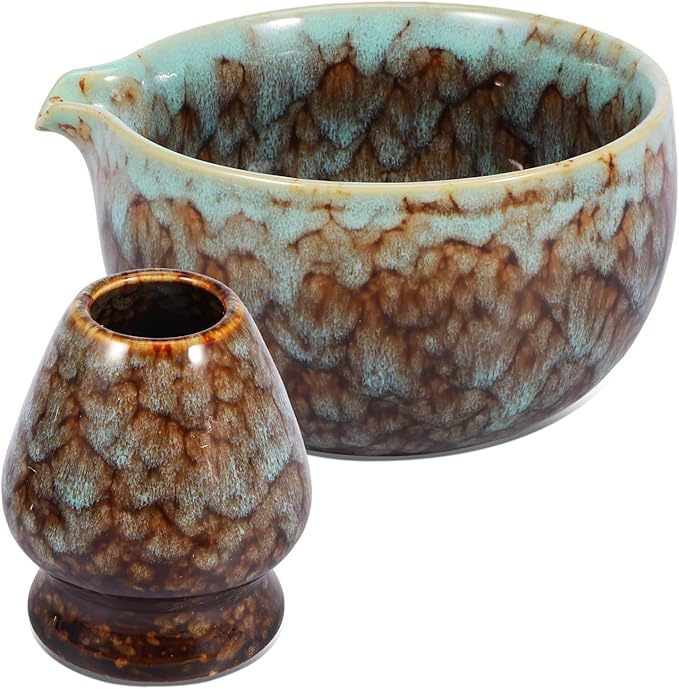 2Pcs Ceramic Matcha Bowl and Whisk Holder Set Easy to Use Tea Bowl and Whisk Stand Easy to Clean Matcha Tea Mixing Tool for Lover.(Kiln turns coffee,2PCS)