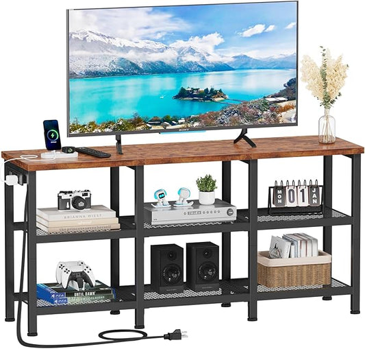Furologee TV Stand with Power Outlets, Small Entertainment Center with Open Storage Shelves, Media Console Center for TVs up to 50 Inch, Television Stands for Living Room/Bedroom, Rustic Brown