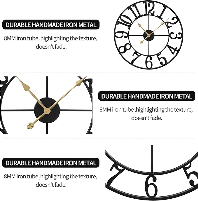 LEIKE Large Wall Clocks,Silent,Non Ticking,Battery Operated Rustic Round Modern Big Metal Wall Clock for Living Room, Bedroom,Kitchen,Farmhouse,Office,Home Decor-16 Inch(Black-Arabic Number)