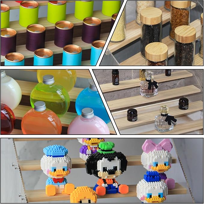 nianfeng Tiered Spice Rack, 5-Tier Spice Pantry Kitchen Cabinet Organizer, 19.9-Inch, Natural Wood Acrylic Stair Riser Stand, Countertop Seasoning Shelf