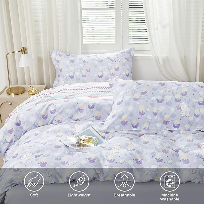 SAPHREAS Cute Rabbit Printed Duvet Cover Set Full Lovely Bunny Duvet Cover 3pcs Yellow Tulip Purple Dandelion Botanical Bedding Comforter Cover Set 100% Cotton 1 Duvet Cover 80"x90" 2 Pillow Shams