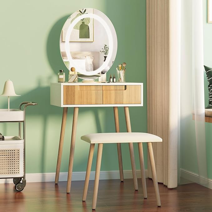 Small Vanity Desk with Mirror and Lights, Wooden Handles with Cushioned Stool, 3 Lighting Modes Round Makeup Table with Upgraded Silent Slides, Compact Vanity for Small Spaces, Natural Oak