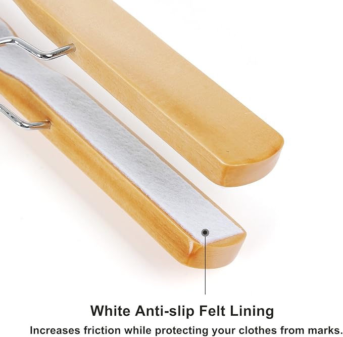 SONGMICS 12 Pack Wooden Pants Hangers, Premium Solid Wood with Non-Slip Felt, Hold Pants Tightly, Smooth Finish Wood Skirt Hangers, with 360° Swivel Hook, Natural UCRW007-12