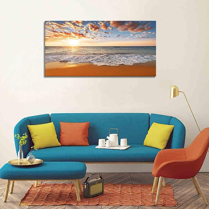 YYYYHPP YP2175 Beach Wall Art Morning Sunrise Sky Ocean Beach Waves Scenery Modern Painting Artwork for Office Wall Decor Home Decoration Stretched and Framed Ready to Hang