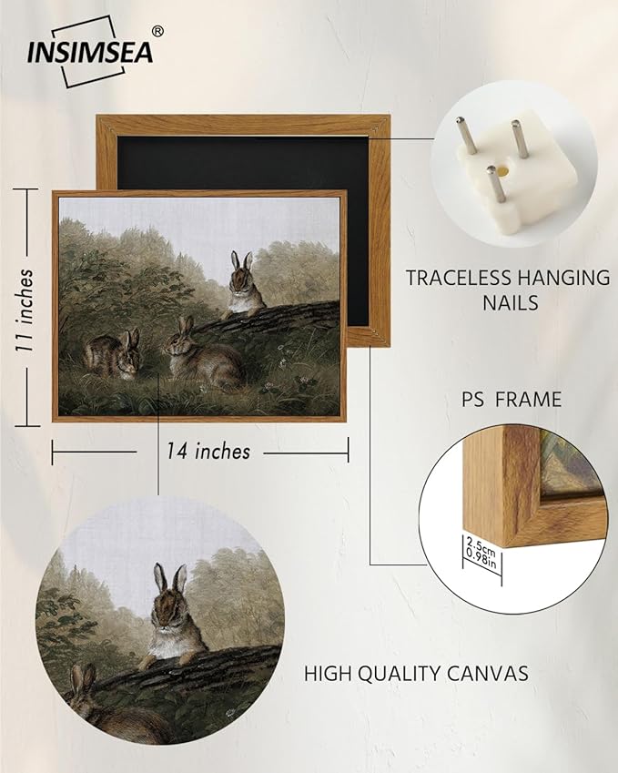 InSimSea Framed Wall Art for Living Room Three Rabbits Easter Bunny Decor Vintage Landscape Wall Art Aesthetic Woodland Animal Oil Painting Prints Countryside Farmhouse Wall Decor for Bedroom 11x14in
