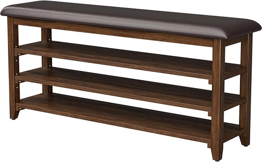 Wooden Shoe Bench Storage with Leather Cushion, Rustic Solid Wood Entryway Bench with 3-Tiers Height Adjustable, Shoe Rack Front Doors Entrances for Hallway Living Room,Mudrooms (Brown,47.2")