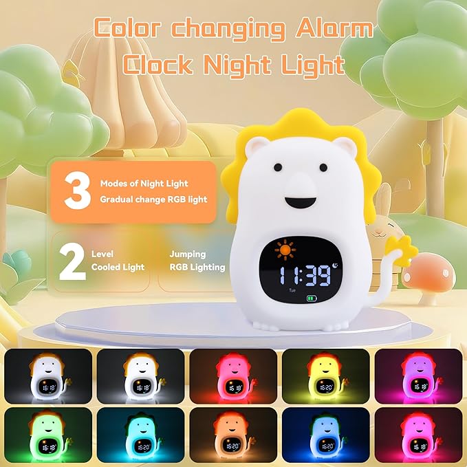 Kids Alarm Clock,Soft White Noise Sleep Trainer,Bedroom Kid Night Light Clock, Kid Wake-up Clock with Snooze Function,Bedtime Companion for Independent Sleep (Lion)