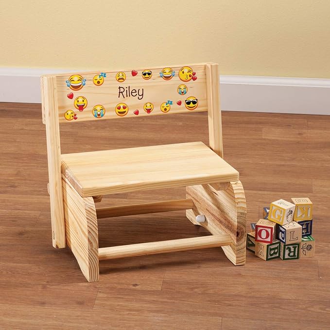 Custom 2-in-1 Children's Step Stool and Chair, Customized with Kid’s Name, Emoji Design