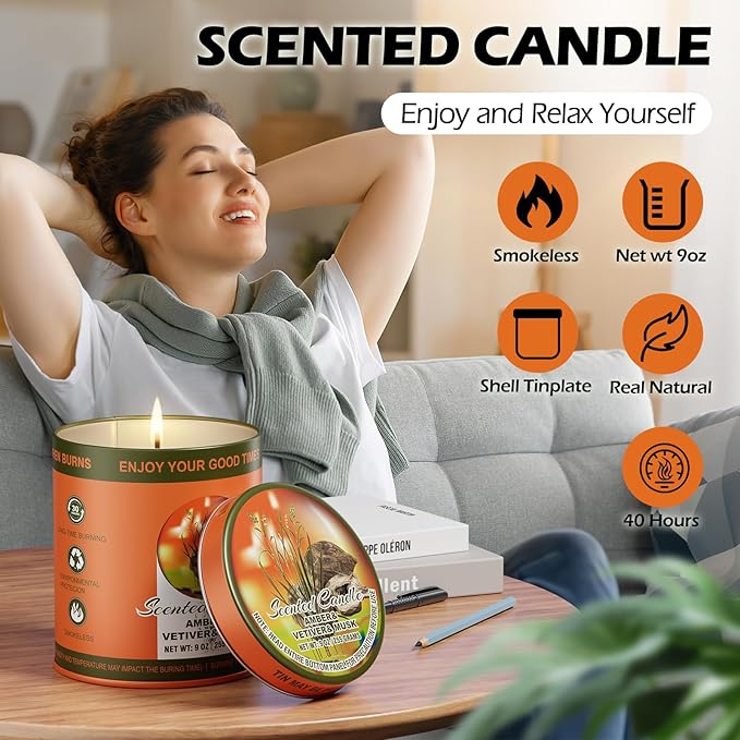 Amber & Vetiver & Musk Scented Candles Set | 2Pack 510g 8% Essential Oil,60H Burn Time | Pure Soy Wax Aromatherapy Jar Tin Candle for Relaxation, Sleep | Colorful Packaging Home Gift for Men&Women