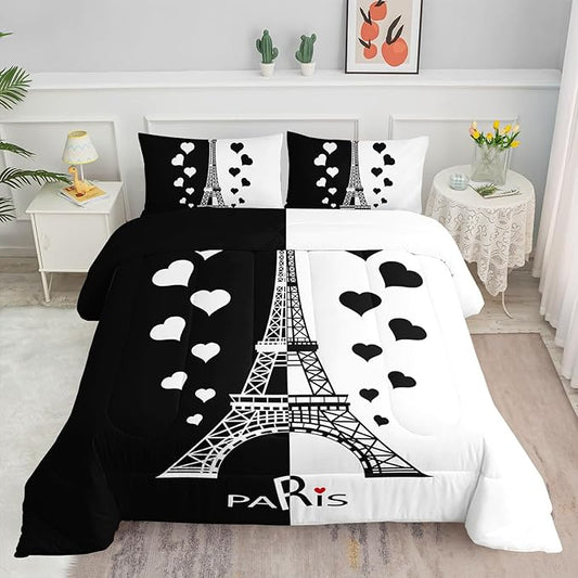 Kids Comforter Set Eiffel Tower Printed Pattern Bedding Set with 1 Comforter and 2 Pillowcases for Girls Boys Bedroom All Season(Tower1 Queen)