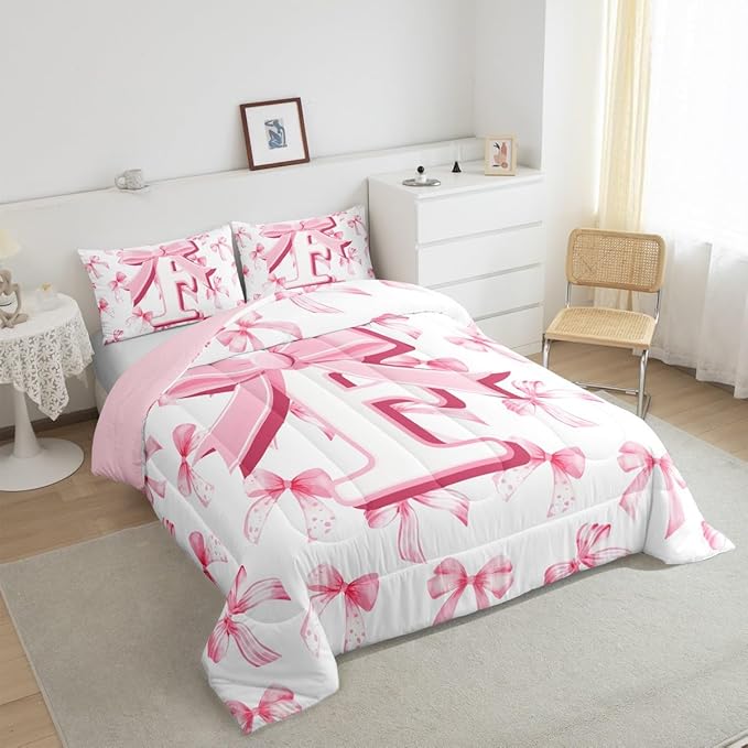 jejeloiu Kids Girls Cute Pink Bow Comforter Set Twin Size Monogrammed Bedding Set Ultra Soft Personalized Initial F Duvet Quilt Coquette Bow Knot Quilt Set Room Decor Modern Fashion Comforter