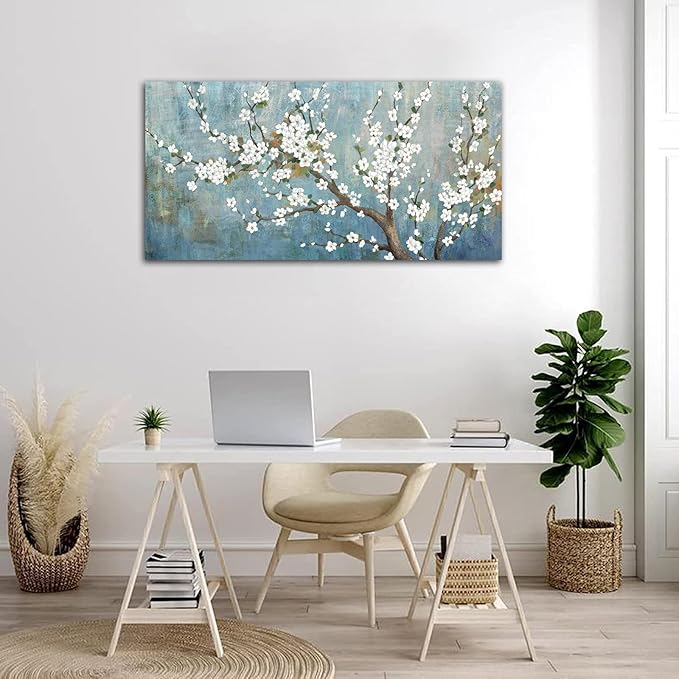 Elegant Flowers Canvas Wall Art - Plum Blossom Pictures for Wall Decor Rustic Turquoise Canvas Painting Nature Printing Artwork for Living Room Bedroom Home Office Wall Decoration 24" x 48"