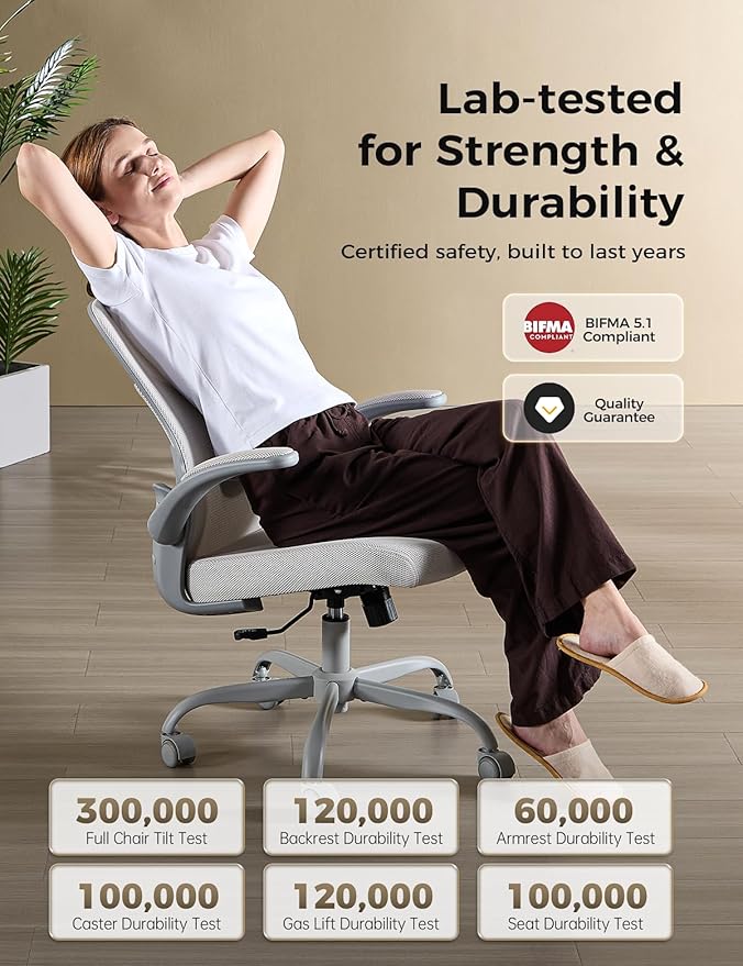 Office Chair, Mesh Ergonomic Desk Chairs, Lumbar Support, Adjustable Height, Flip-up Armrests, Swivel Function and Smooth-Rolling Wheels for Home, Office and Gaming (Gray)