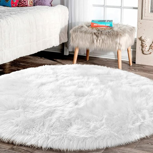 Latepis White Round Rug 10ft Fluffy Circle Rugs for Living Room Washable Faux Sheepskin Fur Rug for Bedroom Plush Shag Rug Large Throw Rug Luxury Home Decor