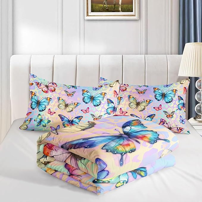 Kids Comforter Set Butterfly Printed Pattern Bedding Set with 1 Comforter and 2 Pillowcases for Girls Boys Bedroom All Season(Butterfly0 Twin)