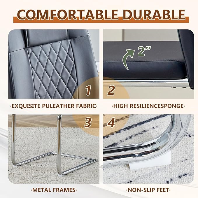 63'' Glass Dining Table Set for 6, Kitchen Table Chairs Set of 6, Clear Glass Dining Table with Black unique design Leg and Silver Metal Base, 6 PU Dining Chairs with Metal Legs, Living Room, Kitchen.