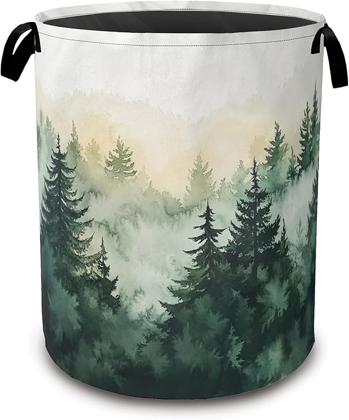 Large Laundry Basket,Green Forest Collapsible Laundry Baskets,Misty Mountains Waterproof Oxford Hamper with Handles for Bathroom Bedroom Nursery Home Storage 16"x20"