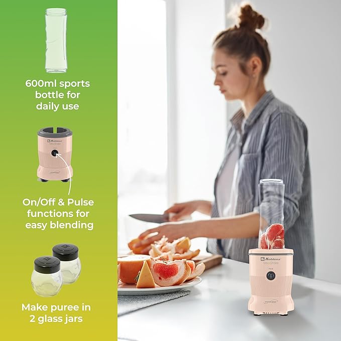 Koblenz Mix&Shake Blender, 20 oz Portable Blender, 600W Motor, Pulse, ON/OFF, Stainless Steel Blades, Shakes, Sauces, Smoothie Maker, (1) 20 oz To-Go Bottle, (2) 10 oz Glass Jars, Pink, MSKM-600 2PS