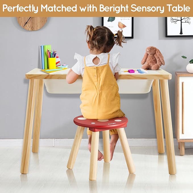 Beright Wooden Step Stool for Kids, Children's Stool Perfect Matched Sensory Table, 9 Inch Sturdy Sitting Stool with Assembled Four-Legged, Mushroom, 1 Pack