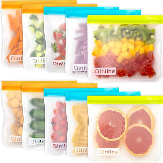 Reusable Food Storage Bags - 10 Pack Freezer Bags, Extra Thick Leakproof Lunch Bags for Salad Fruit Marinate Meats Travel - 10 Sandwich Storage Bag