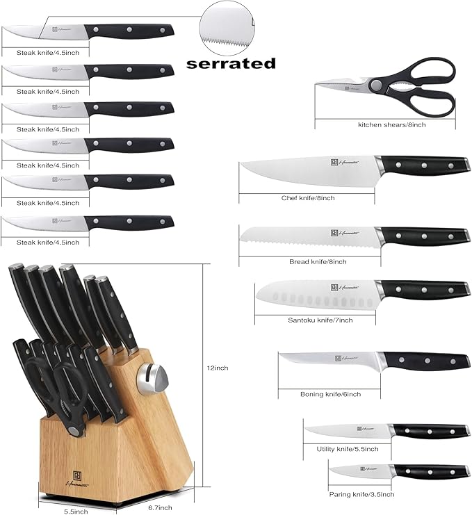 Knife Set, 14 Pieces German Steel Knife Sets for Kitchen with Block, Kitchen Scissors, Sharp Kitchen Knife Set for Home and Restaurants, Classic Elegant Black