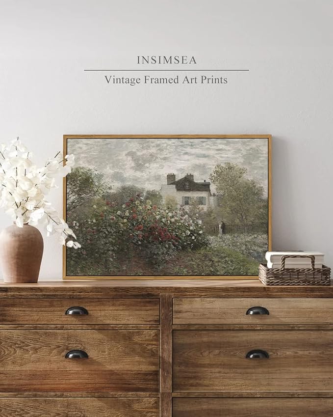 InSimSea Framed Canvas Wall Art Vintage Decor, Home Decor Large Artwork for Wall The Artist's Garden in Argenteuil by Monet Paintings Prints Wall Art for Office Kitchen Bathroom Decor, 16"x24"