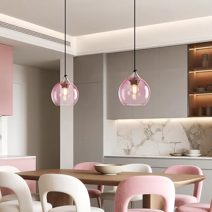 Pink Glass Pendant Lights Kitchen Island Globe Pendant Light Fixtures Modern Pendant Lighting for Bedroom Living Dining Room Light Fixture (5.9 in, 3 Pack)