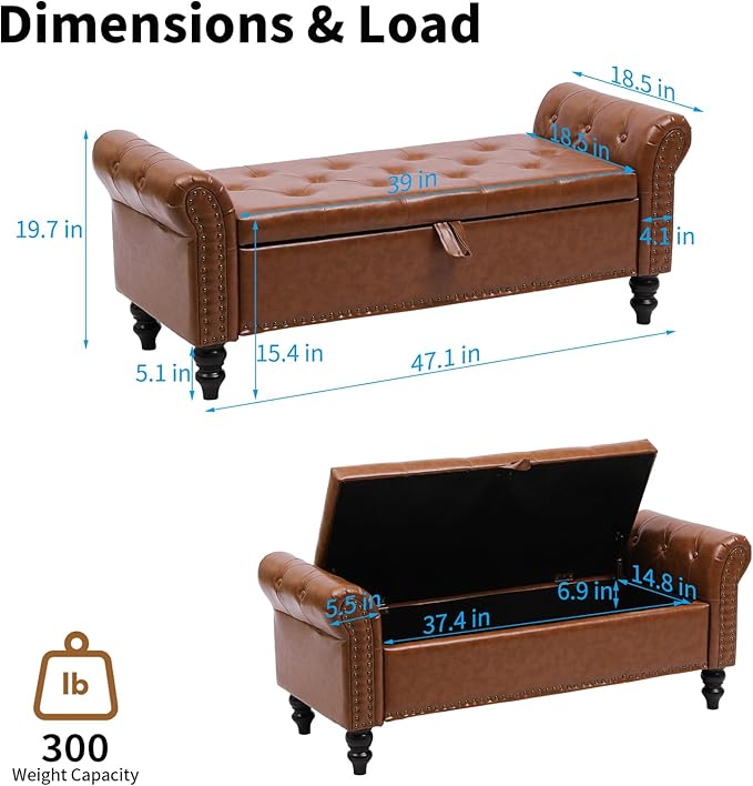 Storage Ottoman Bench with Arms, Faux Leather End of Bed Bench for Bedroom, Button Tufted Storage Bench for Entryway, Living Room, Large Storage Bench Foot Rest (New Brown)