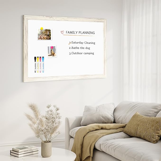 4 THOUGHT Dry Erase Board, 24 x 36 in Magnetic Whiteboard White Vintage Wood Frame Wall-Mounted White Board Decorative Notice Board for School, Office, Home, 6 Magnets 4 Markers 1 Eraser