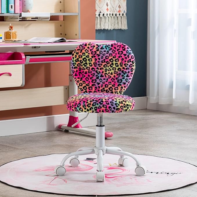 Cute Fuzzy Kids Chair for Teenage Girls Rolling Study Desk Student Chair Furry Computer Task Chair, Adjustable Heart Shaped Reading Vanity Chair for Bedroom, Leopard
