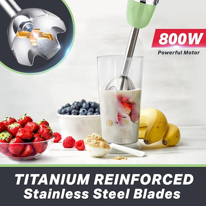 Mueller Multistick 800W 5-in-1 Immersion Blender Handheld, 12 Speed Hand Mixer - Turbo Boost, Heaviest Duty Copper Motor, Titanium Blades Hand Blender, Milk Frother Wand, Green Kitchen Accessories