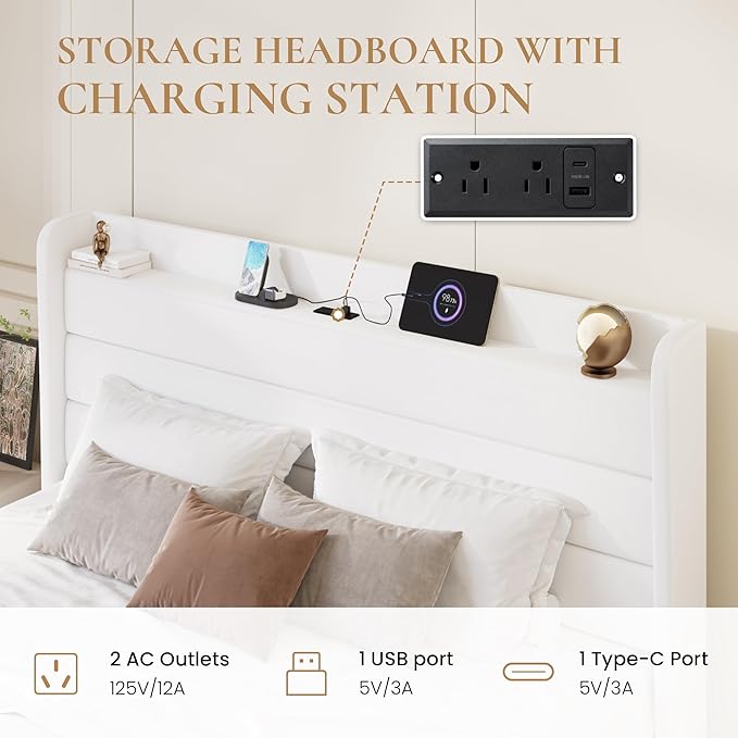 SHA CERLIN King Size Bed Frame with Charging Station, Velvet Upholstered Platform Bed, Wingback Storage Headboard, Type-C & USB Ports, Strong Wooden Slats, No Box Spring Needed, Easy Assembly, White