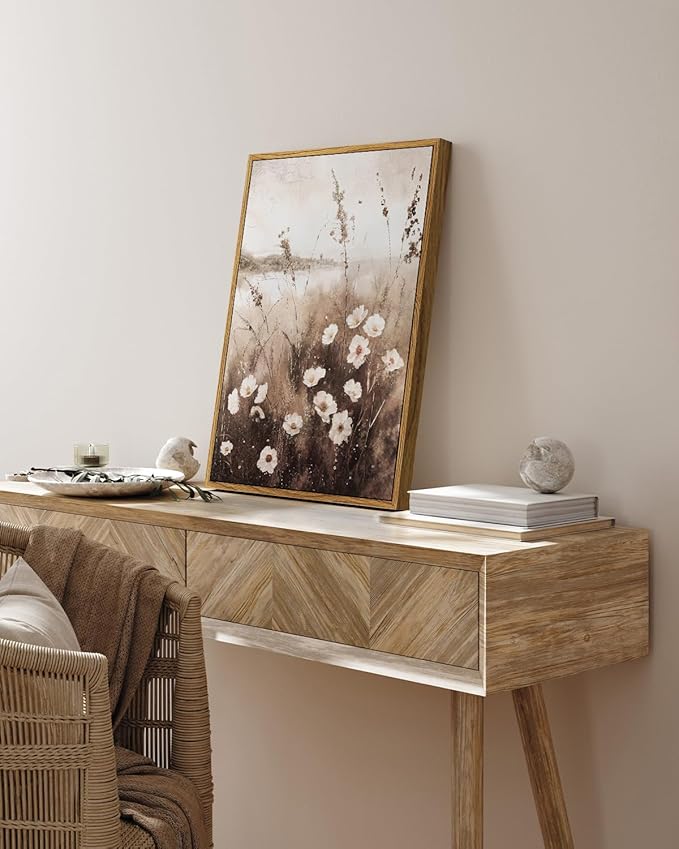 InSimSea Framed Wall Art for Living Room Landscape Canvas Wall Decor Meadow with Flowers Vintage Paintings Classical Wildflower Field Scene Boho Floral Pictures Decor for Bathroom Bedroom 12x16in