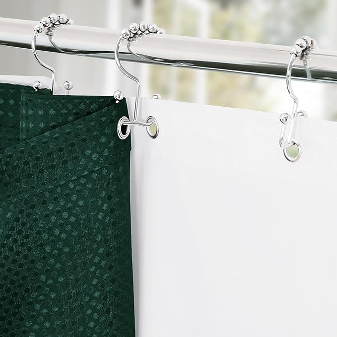 3 in 1 Shower Curtain Set, Dark Green Waffle Shower Curtain and PEVA Liner Set with 12 Stainless Steel Shower Curtain Hooks, Waterproof Shower Curtains for Bathroom, 72 W x 72 H