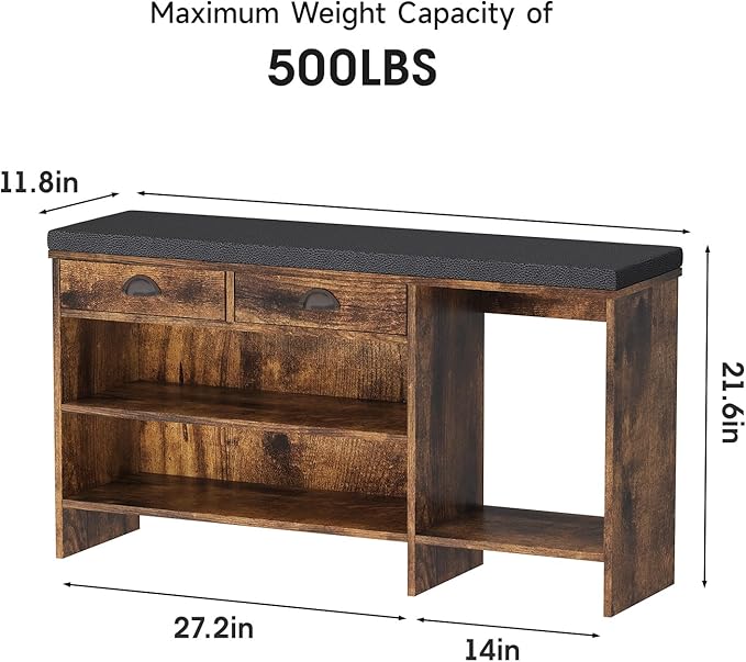 Maupvit Shoe Storage Bench with Cushion, Shoe Bench with Padded Seat, Entryway Storage Bench with Drawer, 2 Compartments, Wood Bench Rack for Bedroom, Closet, Living Room, Hallway (Brown)