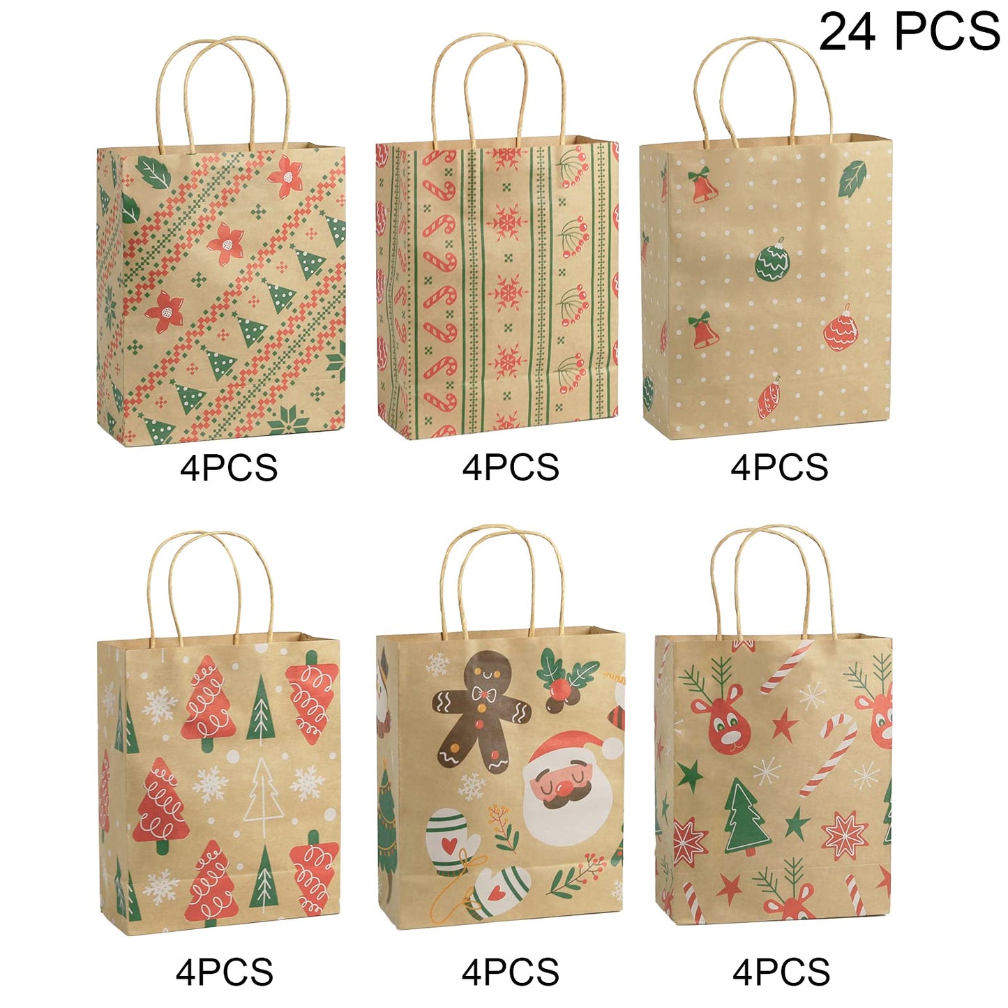 Ogrmar 24 PCS Christmas Gift Bags Kraft Holiday Wrapping Paper Bags with Christmas Prints for Holiday Party Favors Xmas Gift Box Packaging