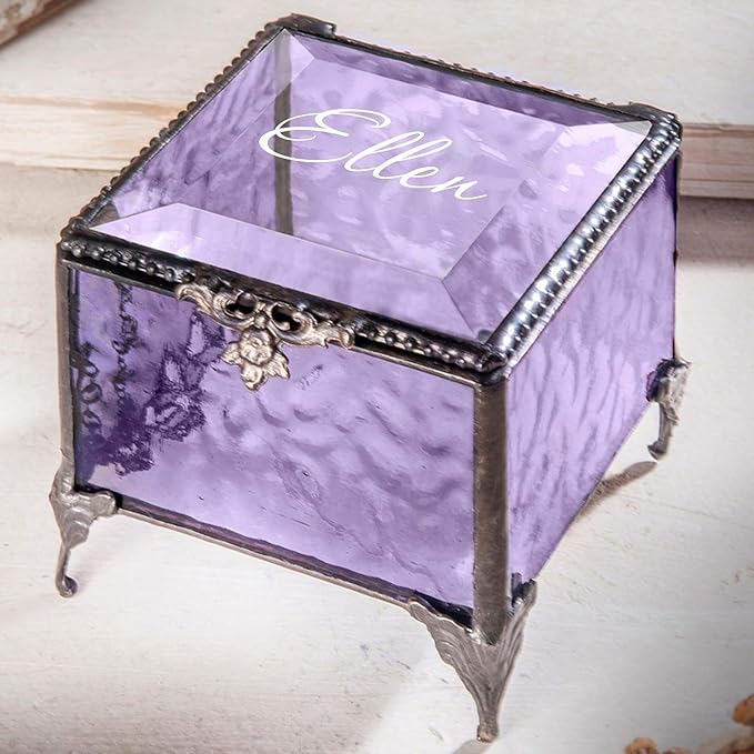 Personalized Purple Glass Box Decorative Vanity Display Case Storage Jewelry Organizer Keepsake Gift for Her Girl Women Purple Vintage Decor J Devlin Ellen Box 836 EB245
