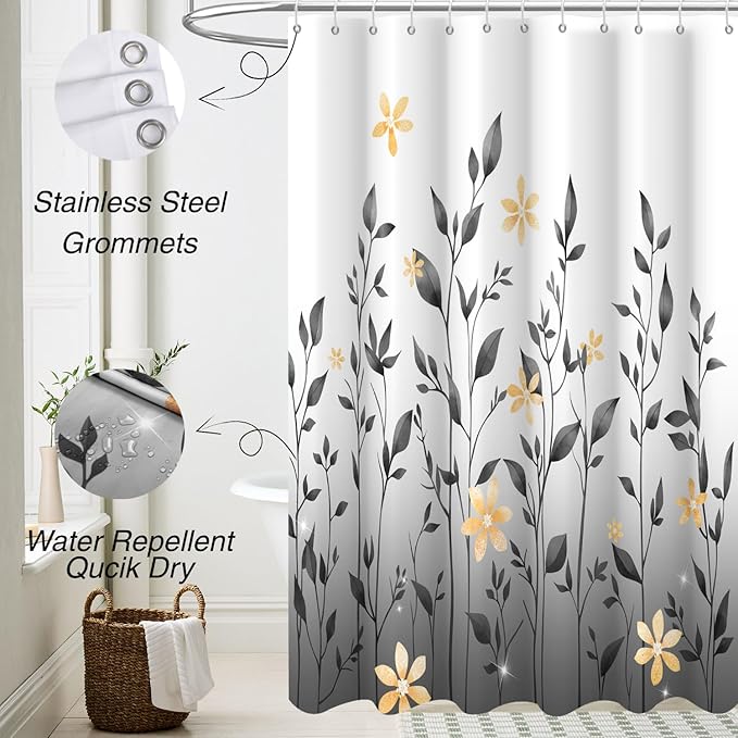 Eucalyptus Shower Curtain, Ombre Floral Leaves Plant Washable Fabric Bath Decor with 12 Hooks 72x72 inches, Grey