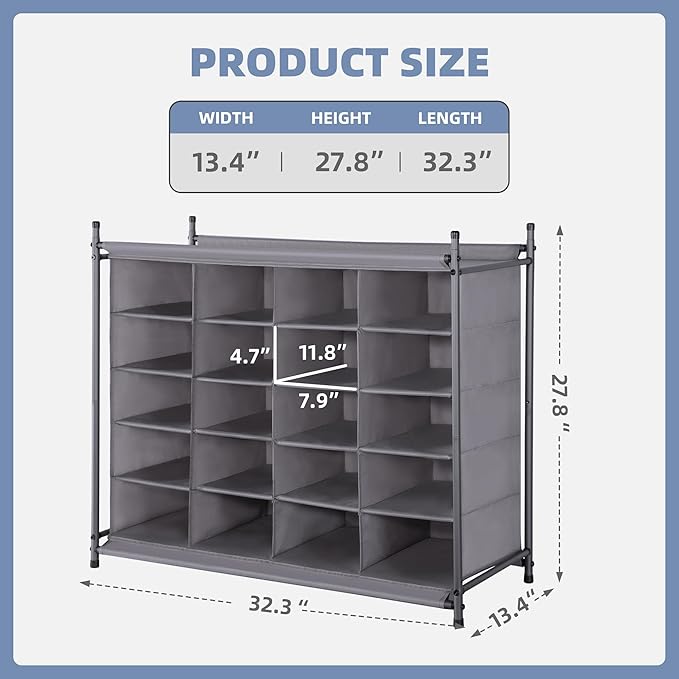 STORAGE MANIAC Stackable Shoe Cubby Organizer, Free Standing Shoe Cube Rack for Entryway, Bedroom, Apartment, Closet, 20-Cube Gray