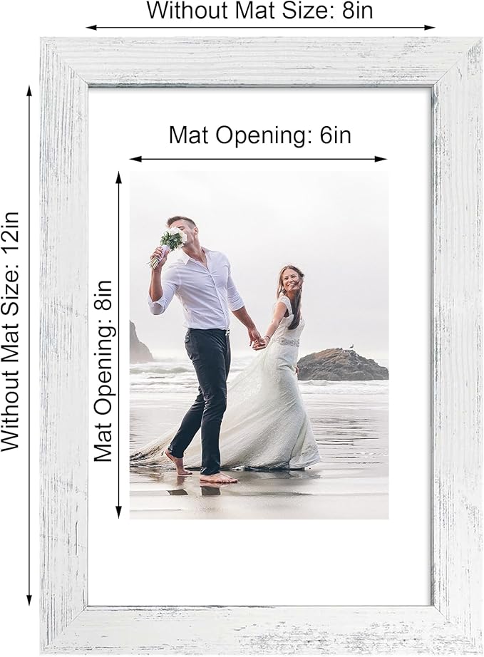 8x12 Picture Frame Set of 4 with High Definition Glass, Distressed White Frame Display 6x8 Picture with Mat or 8 x 12 Without Mat, Wood Rustic Photo Frames for Tabletop and Wall Mounting